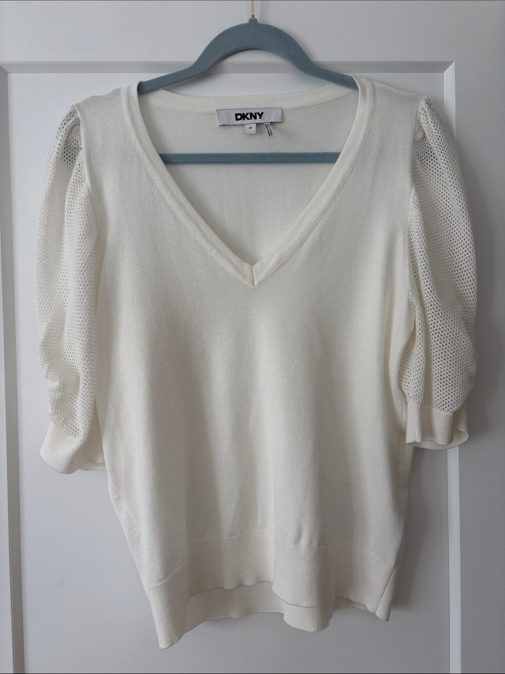 DKNY Cream V-Neck Pullover with Mesh Puff Sleeves